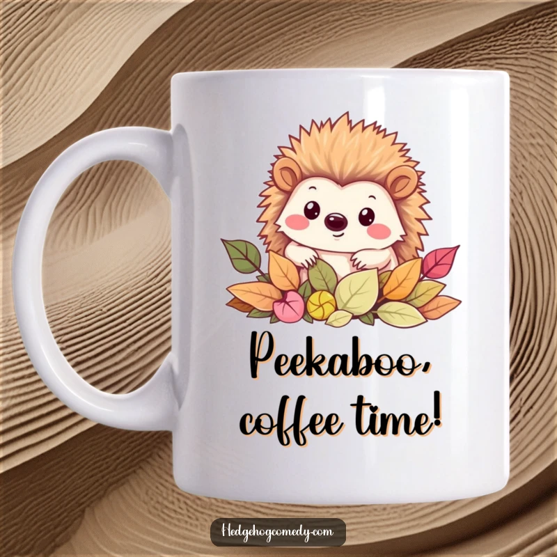 Funny Kawaii Hedgehog mug design: a smiling hedgehog peeking curiously from a pile of colorful autumn leaves.
