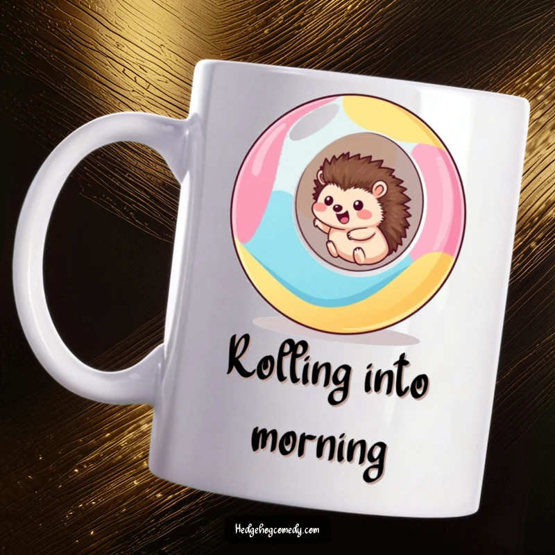 Funny kawaii hedgehog mug featuring a cute hedgehog excitedly rolling downhill inside a giant, colorful, transparent ball.