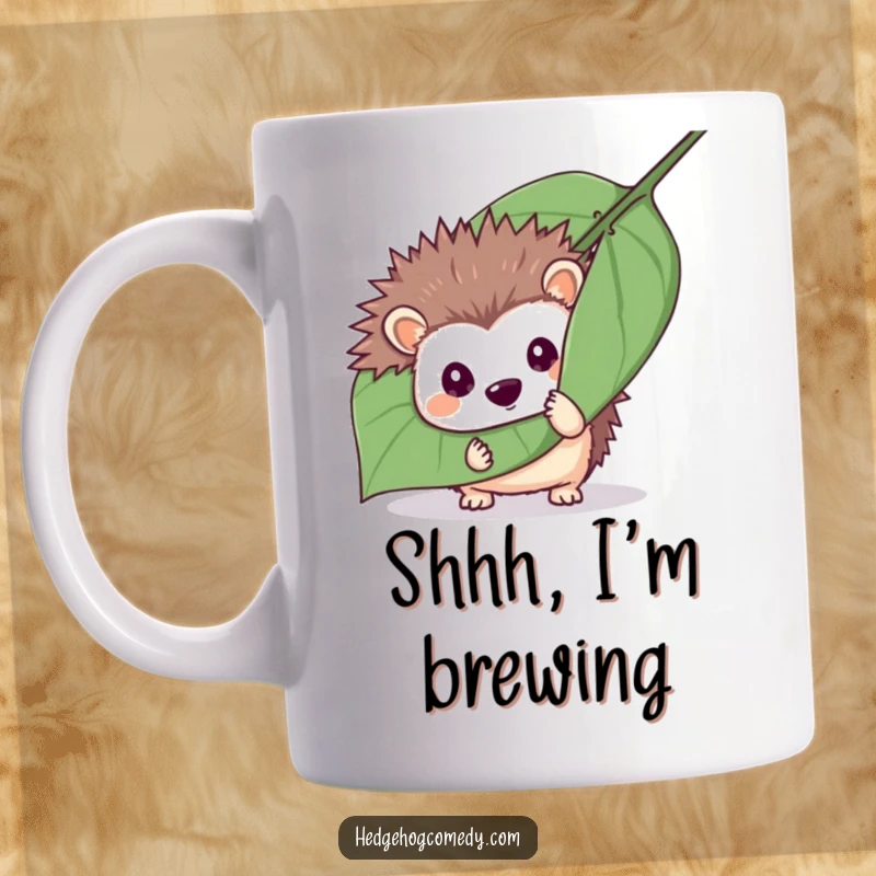 Funny mischievous hedgehog hiding behind a large leaf, peeking out on a mug, full of playful charm, great funny gift.