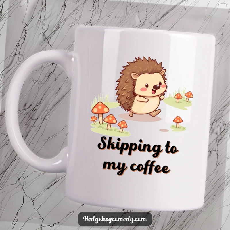 Funny cheerful hedgehog skipping along a path lined with tiny mushrooms on a mug, symbolizing joy and adventure, great funny gift.
