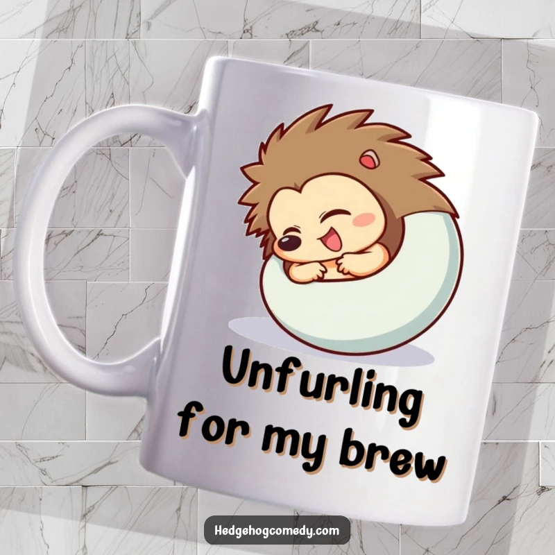 Funny Hedgehog Mug showing a character excitedly uncurling from a ball, a humorous and surprising gift.