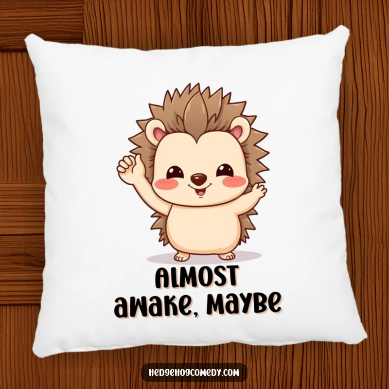 Funny pillow featuring a friendly hedgehog giving a sweet, wobbly-footed wave, perfect for comfort and a touch of whimsy.