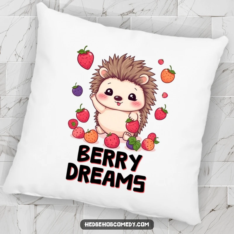 Funny kawaii hedgehog pillow featuring a cute hedgehog happily juggling colorful berries, offering comfort and a dose of cheer.