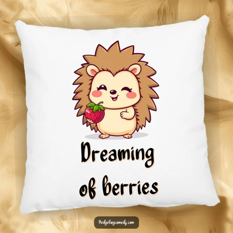 Funny Pillow with a smiling hedgehog character offering a bright berry, designed for comfort and cheerful home decor.