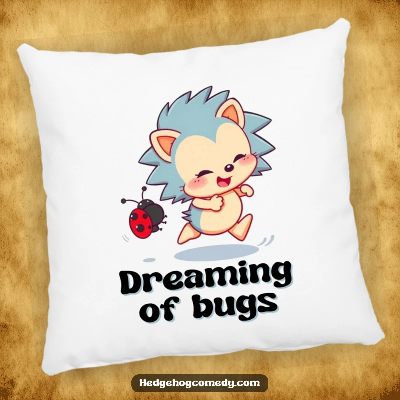 Funny Hedgehog Pillow: Energetic hedgehog enthusiastically chasing a ladybug, a plush and humorous decorative accent.