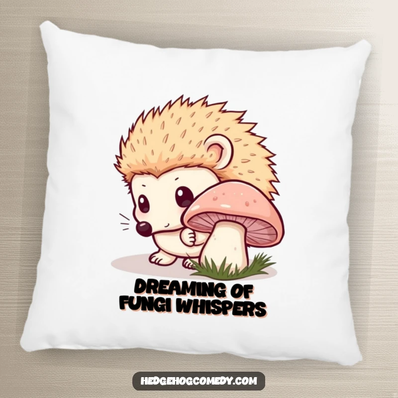 Funny Kawaii Hedgehog Pillow: Innocent curiosity sniffing a dewy mushroom, a soft, cute, and funny accent. Excellent funny gift.