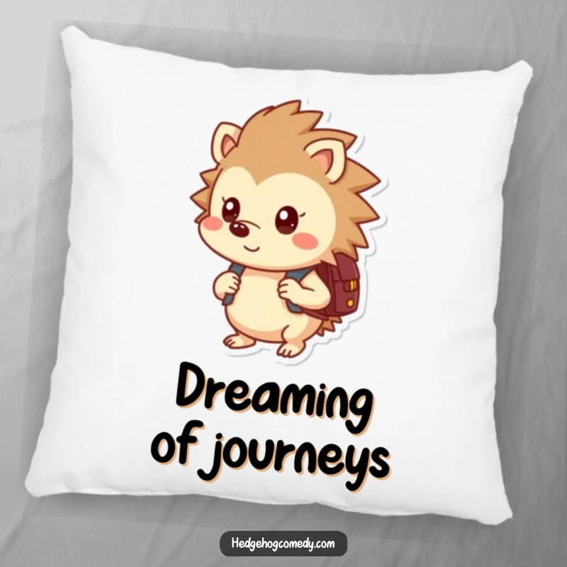 Funny, soft pillow featuring a curious hedgehog with a backpack, offering comfort and a touch of whimsical adventure.
