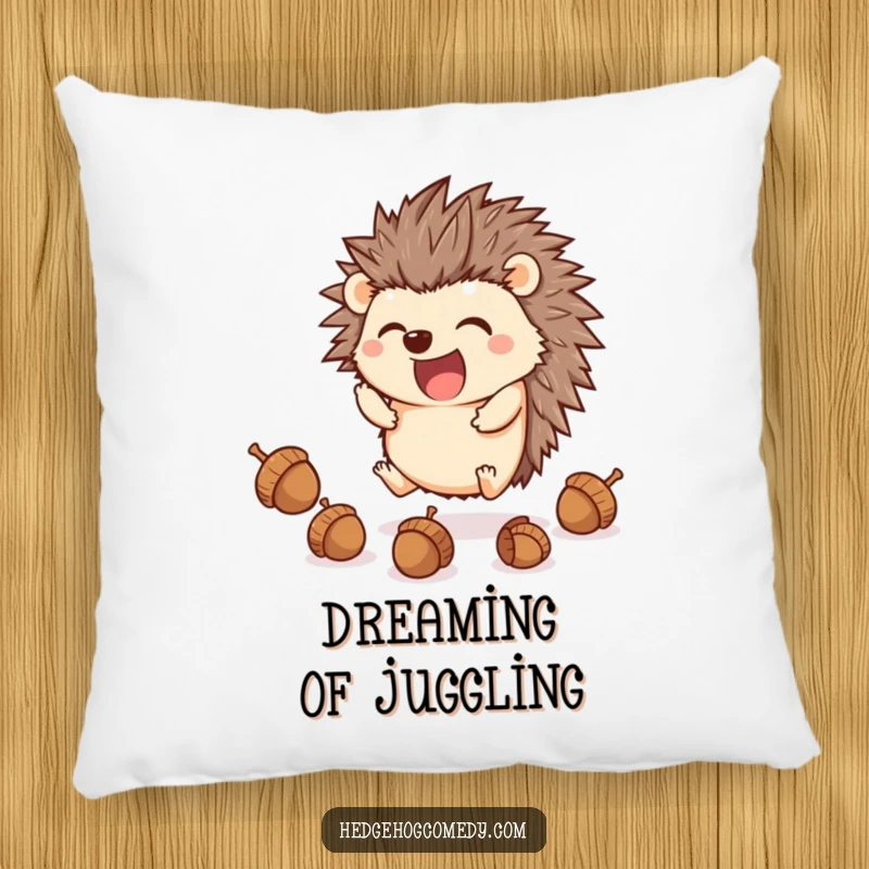 Funny adorable kawaii hedgehog juggling acorns with its feet, a soft and humorous pillow gift.