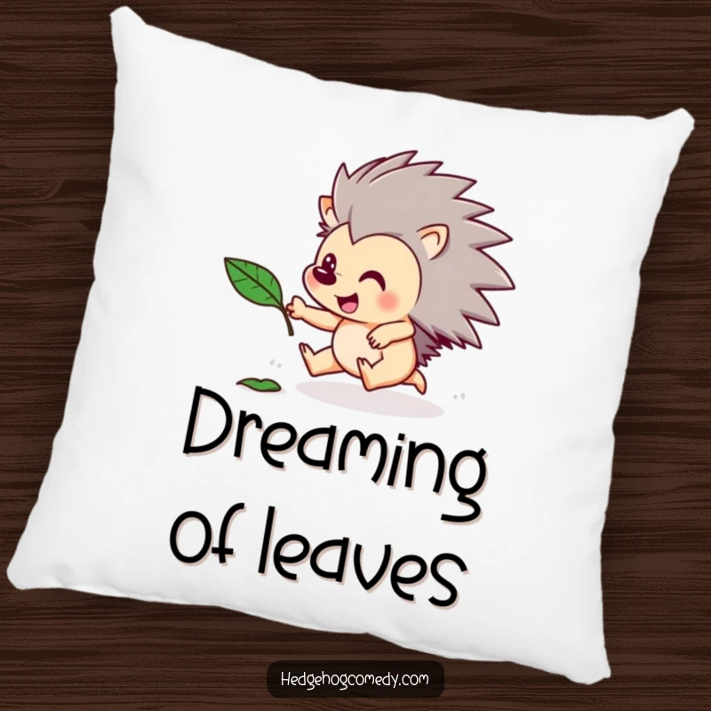 Funny pillow design of a hedgehog happily chasing a floating leaf. Soft, playful, and humorous decor.