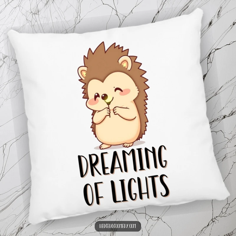 Funny, soft pillow depicting a happy hedgehog holding a glowing firefly, bringing comfort and a touch of nighttime magic.