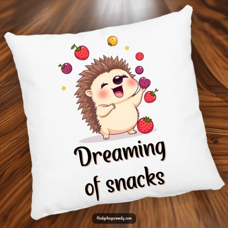 Funny pillow featuring an excited hedgehog juggling colorful berries with its quills, offering a soft, humorous, and artistic touch.