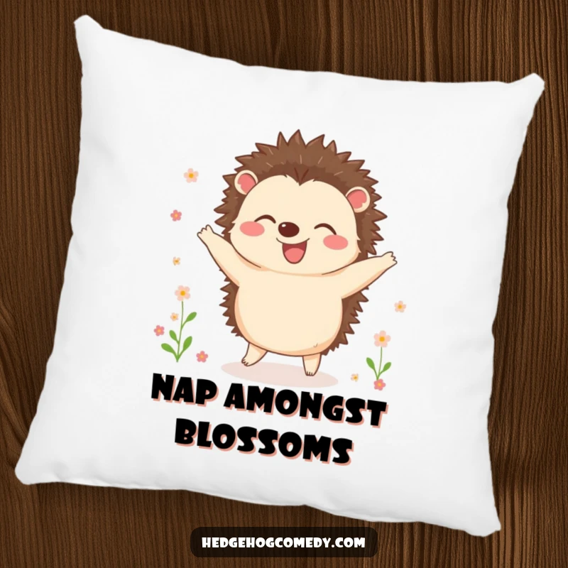 Funny pillow featuring a joyful hedgehog dancing among tiny flowers, offering soft, humorous, and visually uplifting comfort.