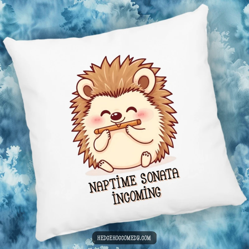 Funny musical hedgehog playing a flute, offering comfort on a pillow, perfect as a funny gift.
