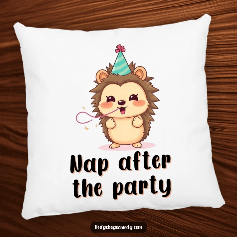 Funny hedgehog in a party hat blowing a streamer, a soft and funny pillow for a humorous gift.