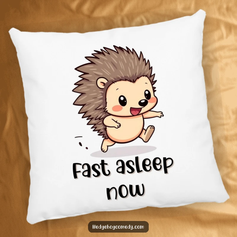 Funny Hedgehog Racing Pillow: Soft cushion featuring a determined hedgehog with blurred legs, combining comfort and focused energy.
