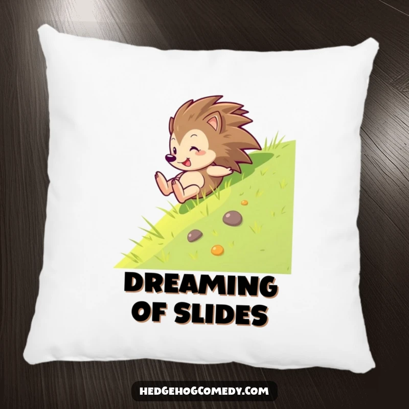 Funny, soft pillow depicting a hedgehog sliding down a grass slope with glee, offering comfort and a touch of playful energy.
