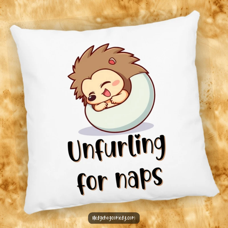 Funny Hedgehog Pillow with a character excitedly uncurling from a ball, offering comfort and humor for living spaces.