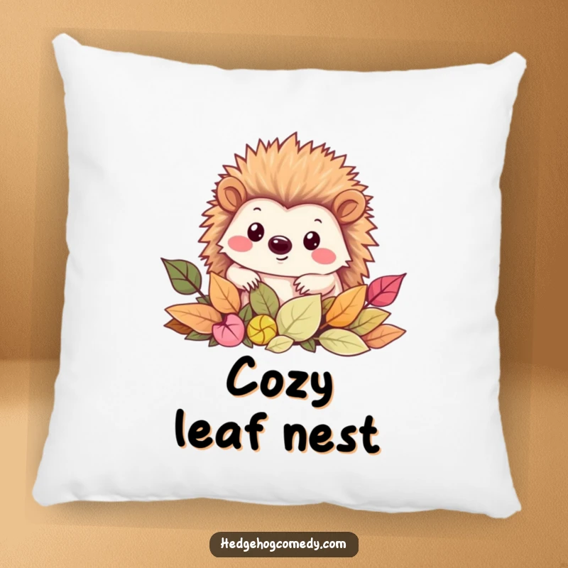 Funny Pillow featuring a cute Kawaii hedgehog smiling as it peeks out from a pile of soft, colorful leaves.