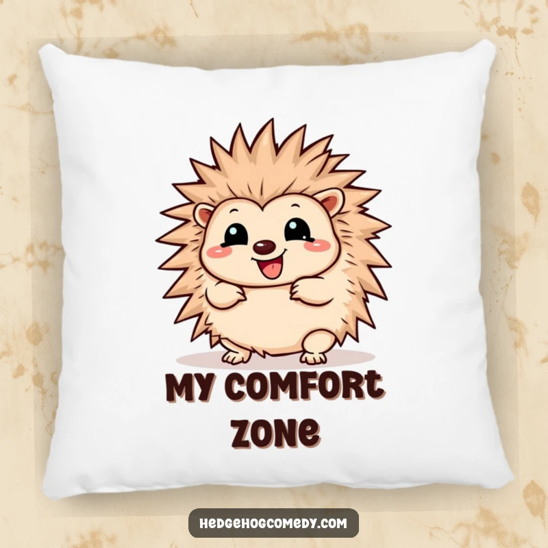 Funny Pillow featuring a cute Kawaii hedgehog wiggling joyfully and playfully unfurling its soft spines.