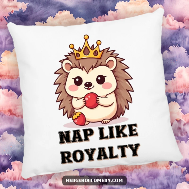 Funny pillow featuring a kawaii hedgehog wearing a small crown, balancing a single berry, offering soft comfort and a cute aesthetic.