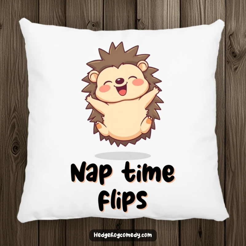 Funny pillow showcasing a joyful hedgehog doing a delighted somersault with a happy squeak.
