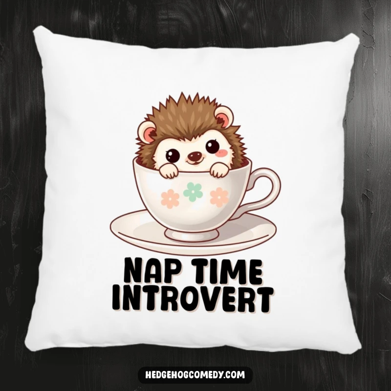 Funny Kawaii Hedgehog Pillow: A shy hedgehog peeking from a teacup, offering a soft and humorous decorative accent for any room.