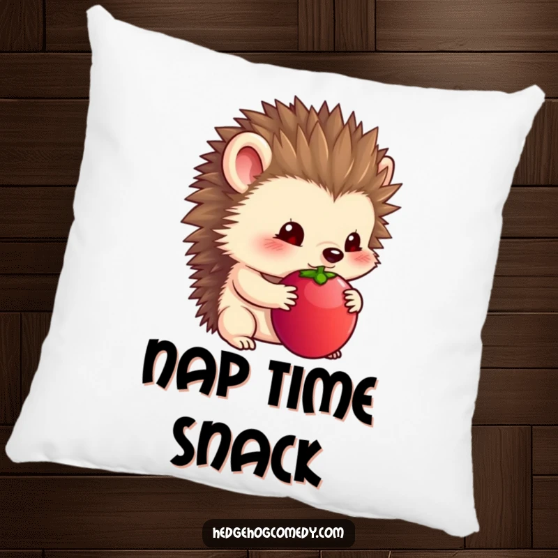 Funny pillow showcasing a timid hedgehog holding a large berry under its chin.