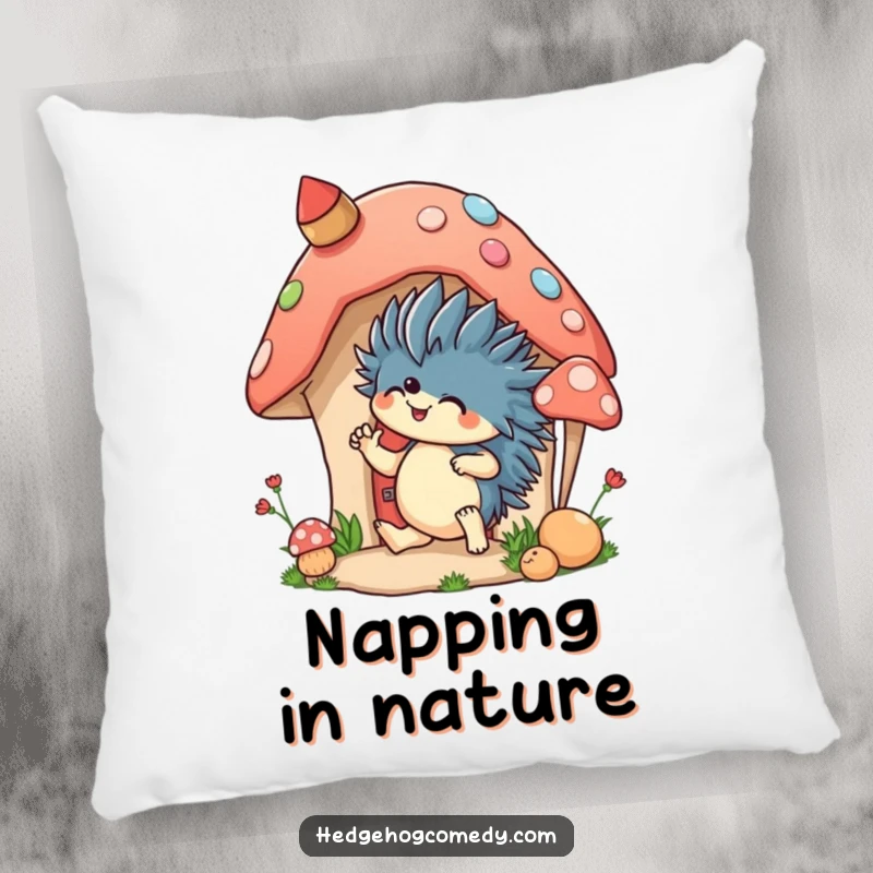 Funny, plush pillow showcasing an excited hedgehog decorating a mushroom house, adding comfort and a cheerful vibe.