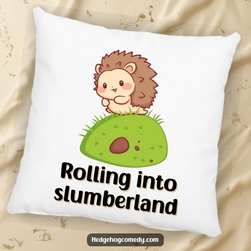 Funny Kawaii Hedgehog Pillow featuring a cute hedgehog character joyfully rolling down a grassy hill, offering comfort and charm.