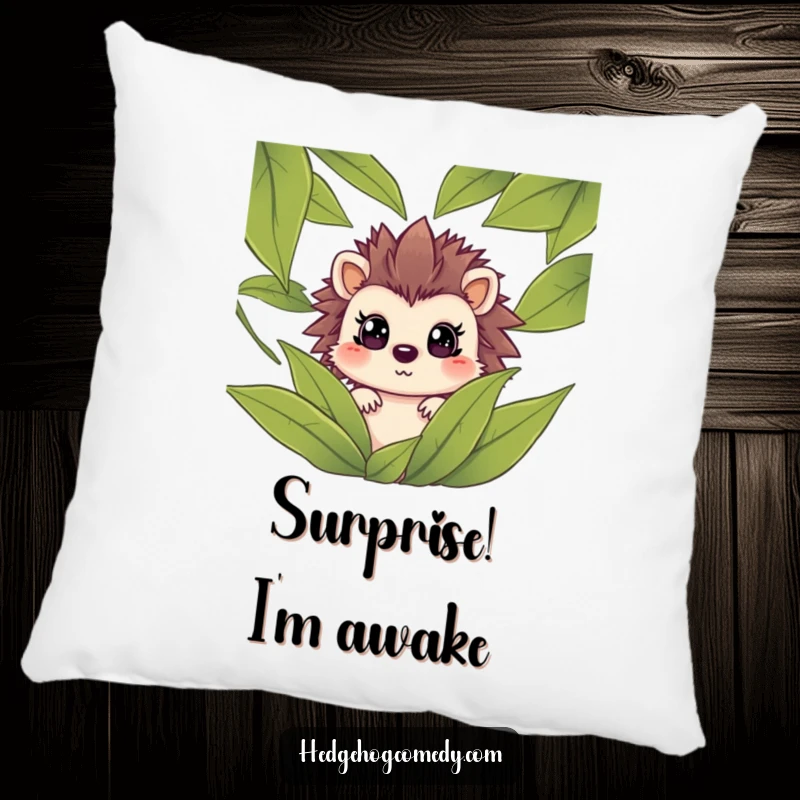 Funny hedgehog peeking from green leaves with a surprised expression on a soft pillow, creating a humorous and comforting accent.