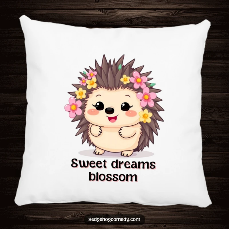 Funny adorable kawaii hedgehog with quills adorned with colorful flowers, a soft and humorous pillow gift.