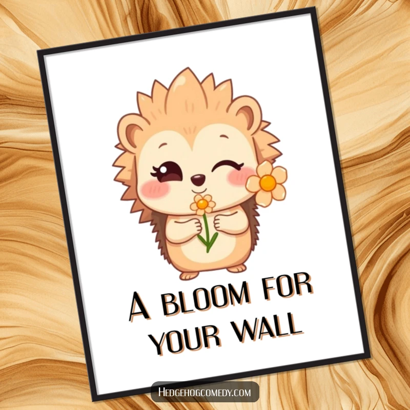 Funny shy hedgehog winking and offering a flower, printable digital art for a sweet funny gift.