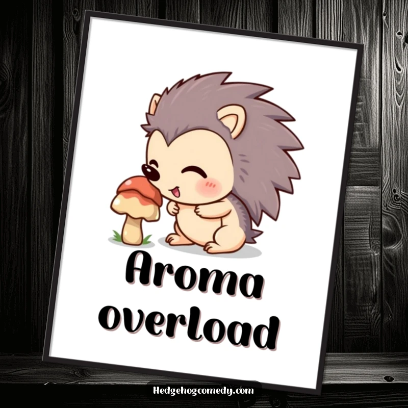 Funny hedgehog with an excited expression sniffing a mushroom, high-resolution digital art print for instant nature-themed humor.