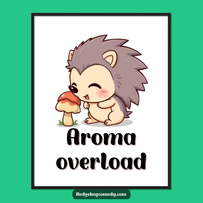 Funny Hedgehog Sniffing Mushroom Digital Art Print: Nature Explore Decor, Instant Gift