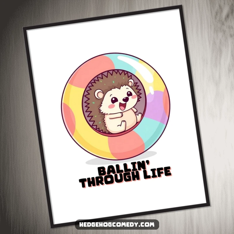 Funny Digital Art of a joyful Kawaii hedgehog enthusiastically rolling downhill inside a massive, colorful sphere.