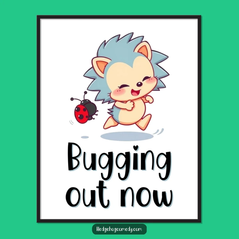 Funny Hedgehog Digital Art: Enthusiastic Ladybug Chase, Instant Download Art