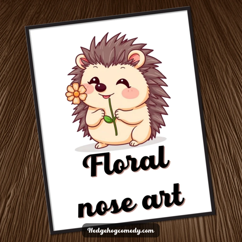Funny Kawaii Hedgehog Digital Art: A cute hedgehog wobbles playfully, balancing a flower on its nose, capturing a moment of endearing silliness.