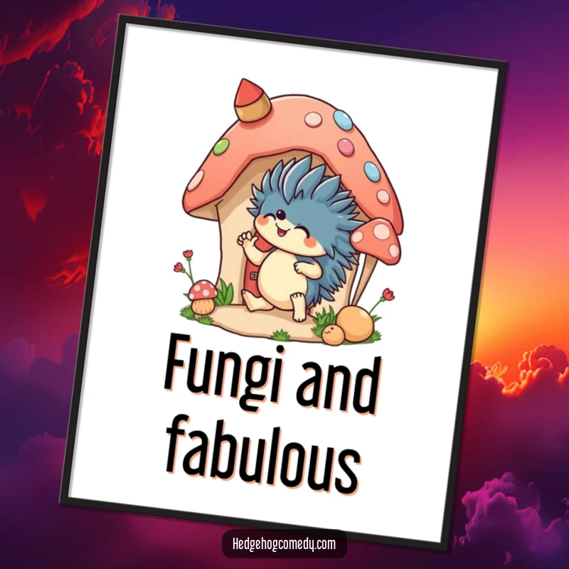 Funny digital art print of an excited hedgehog decorating a mushroom house, perfect for adding a touch of whimsical charm.