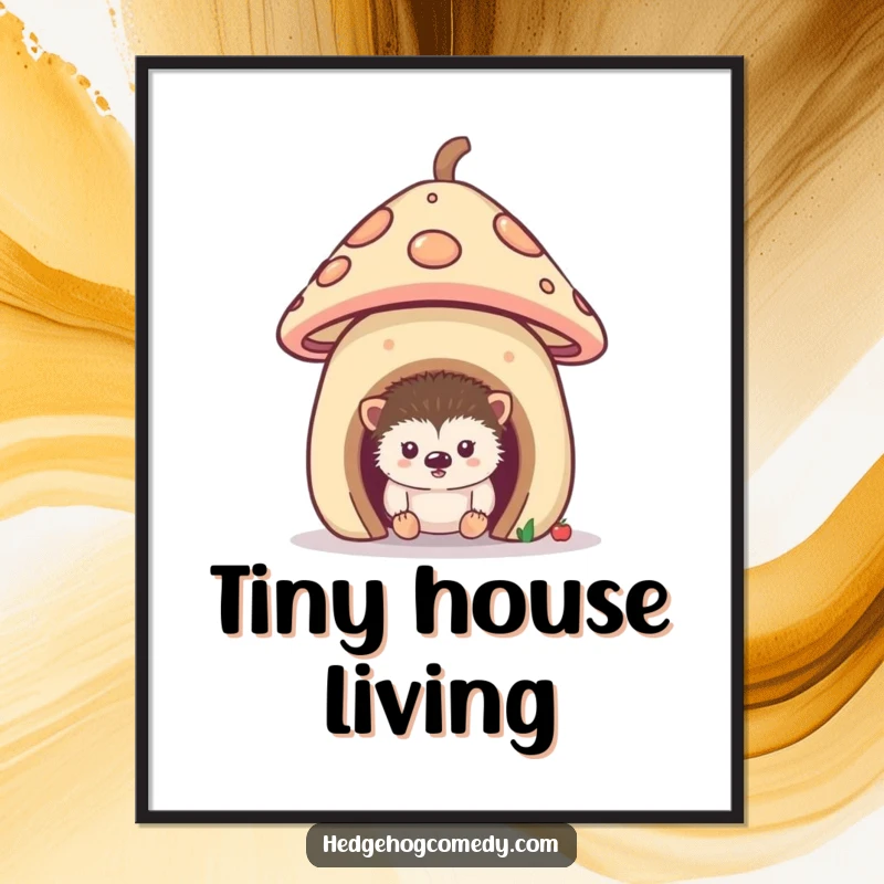 Funny digital art print of a curious hedgehog peeking out from a tiny mushroom house, capturing a moment of shy wonder and cozy allure.