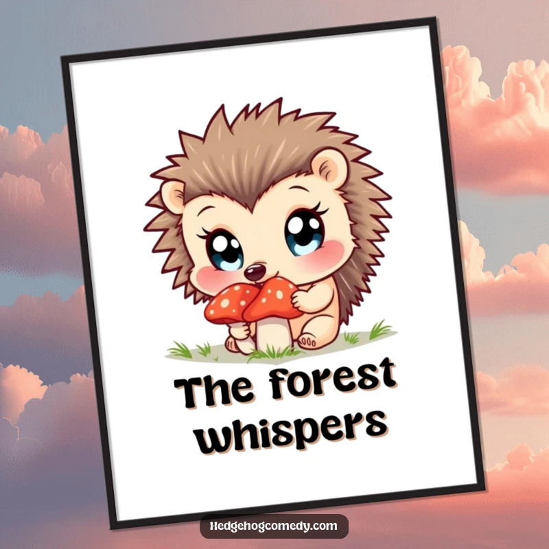 Funny digital art print of a curious hedgehog sniffing a mushroom, wide bright eyes.