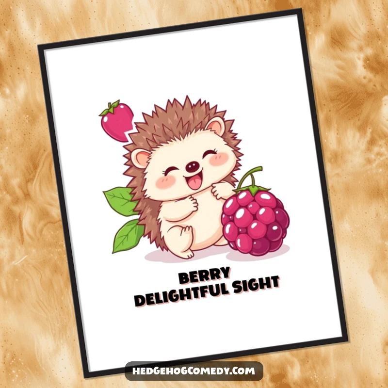 Funny digital art print of a cute hedgehog joyfully rolling a giant berry, perfect for humorous home decor and sweet charm.