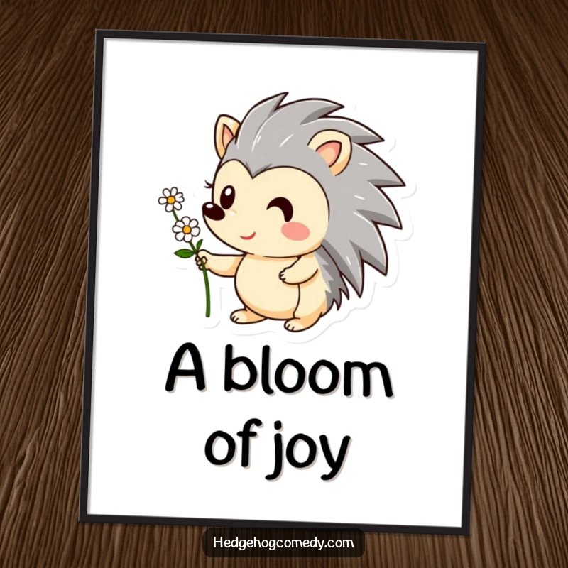 Funny digital art print of a happy hedgehog character smiling and offering a tiny flower. Instant cute and humorous decor.