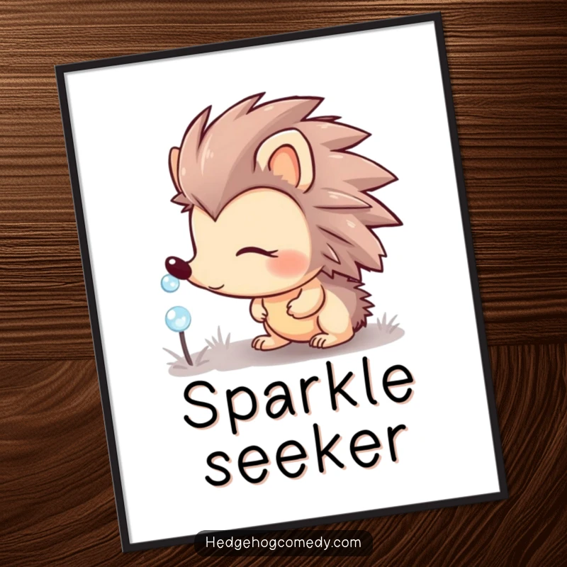 Funny hedgehog character looking curious at a sparkling dewdrop, high-resolution digital art print for instant decor.