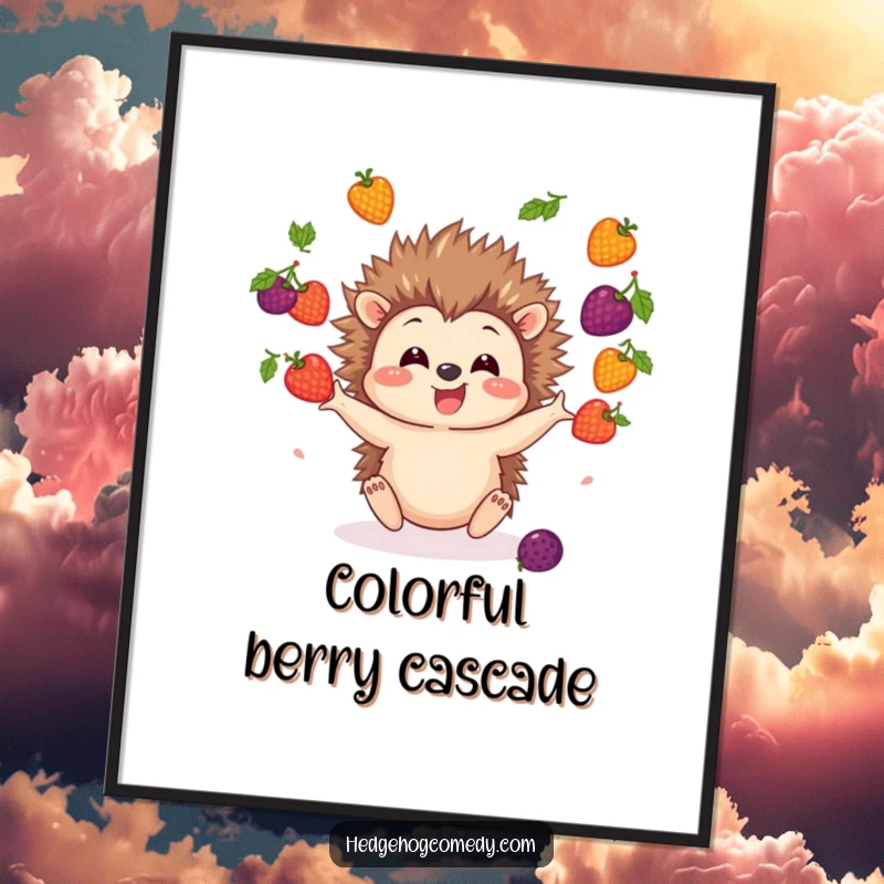 Funny Hedgehog Digital Art Print capturing a cheerful hedgehog character juggling a colourful mix of berries, full of excitement.