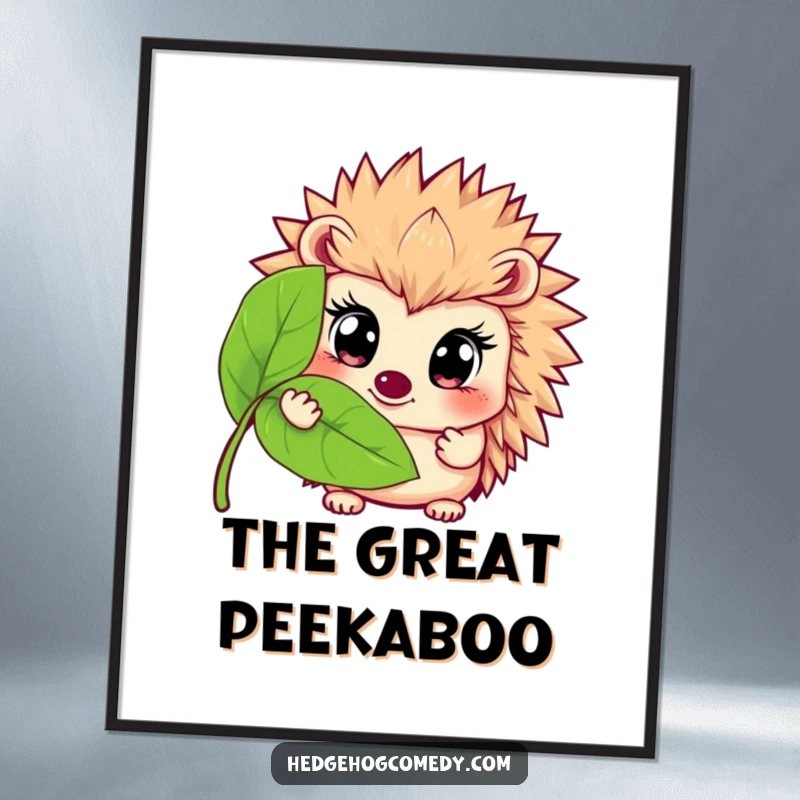 Funny digital art print of a hedgehog with big eyes peeking from behind a leaf, perfect for humorous home decor and shy charm.