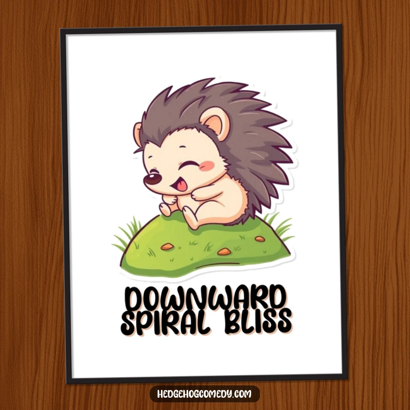 Funny Digital Art Print: A hedgehog gleefully rolls down a grassy hill, capturing pure, infectious happiness. Instant decor.
