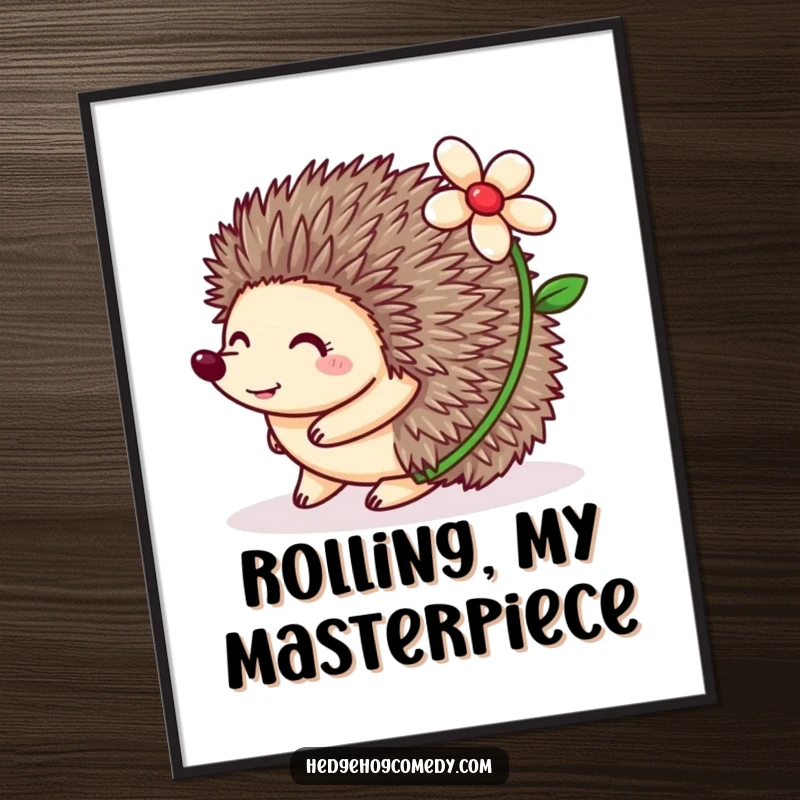 Funny Hedgehog Digital Art Print of a happy hedgehog rolling with a flower on its back, offering instant visual charm.