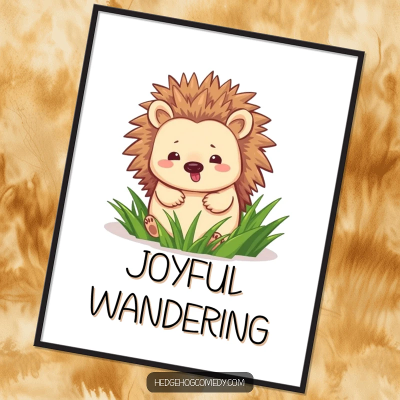 Funny hedgehog happily waddling through green grass, high-resolution digital art print for instant joyful wall decor.