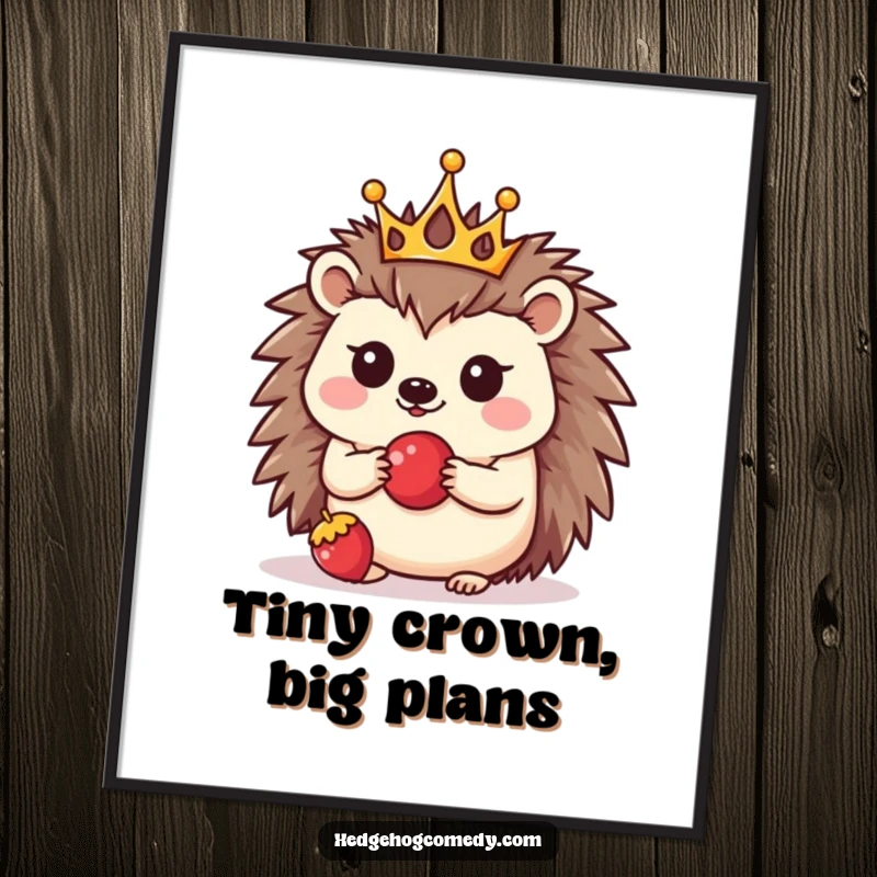 Funny digital art print of a kawaii hedgehog wearing a crown and balancing a berry, offering instant cute and humorous decoration.