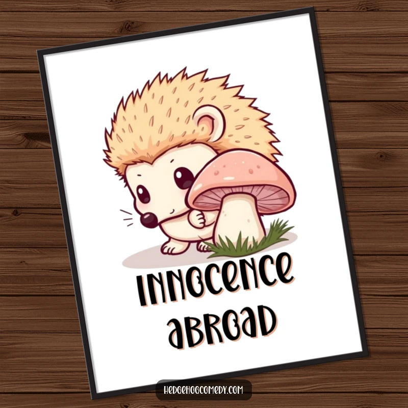 Funny Kawaii Hedgehog Digital Art: Curious mushroom sniffing with innocent eyes, capturing a moment of gentle, funny wonder. Perfect funny gift.